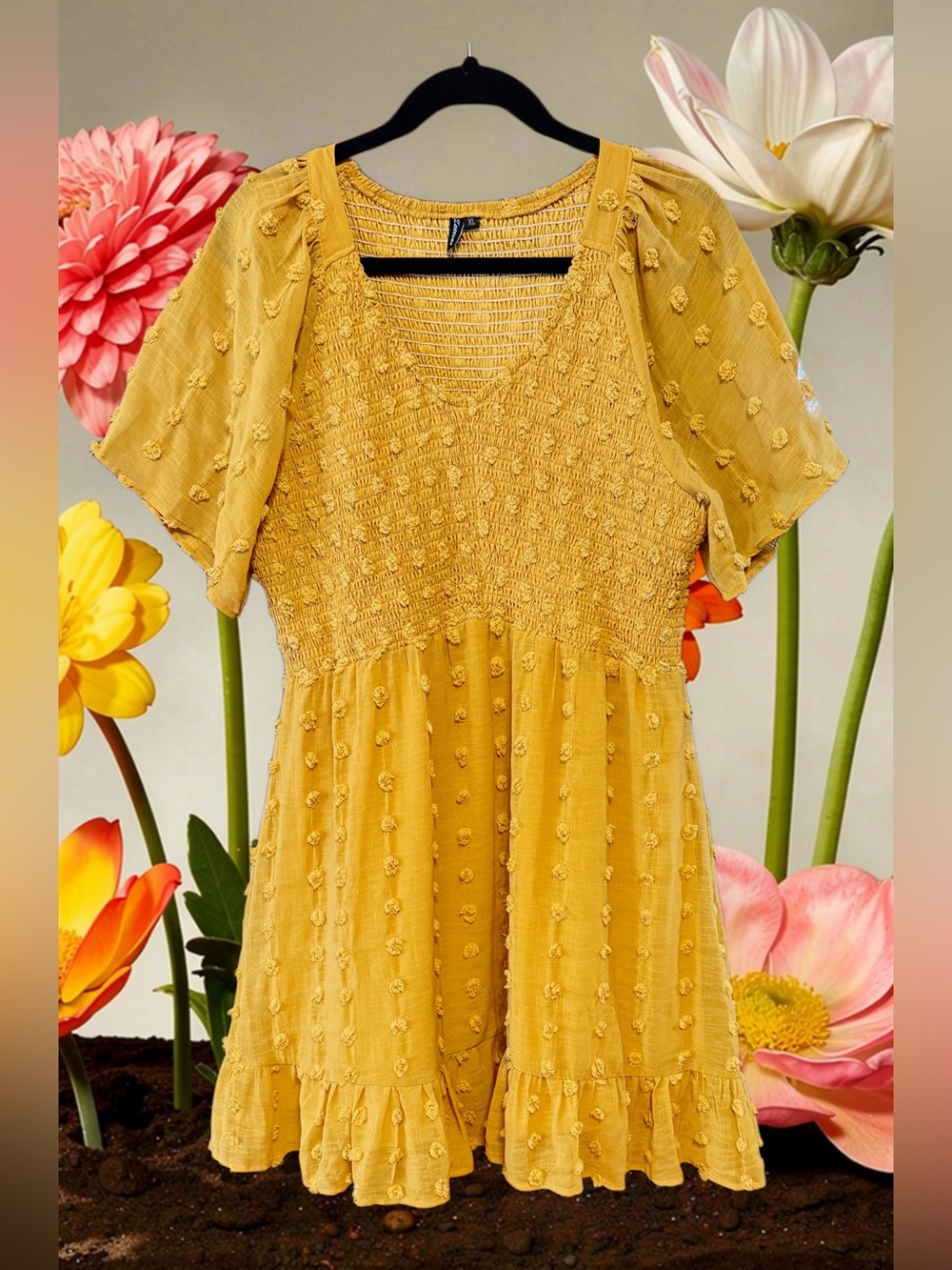 Zattcas’ Women’s Smocked Swiss-Dot Mini Dress in Mustard Yellow size XL